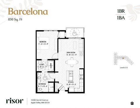 Floor plan for 1 bed, 1 bath, 830 sqft